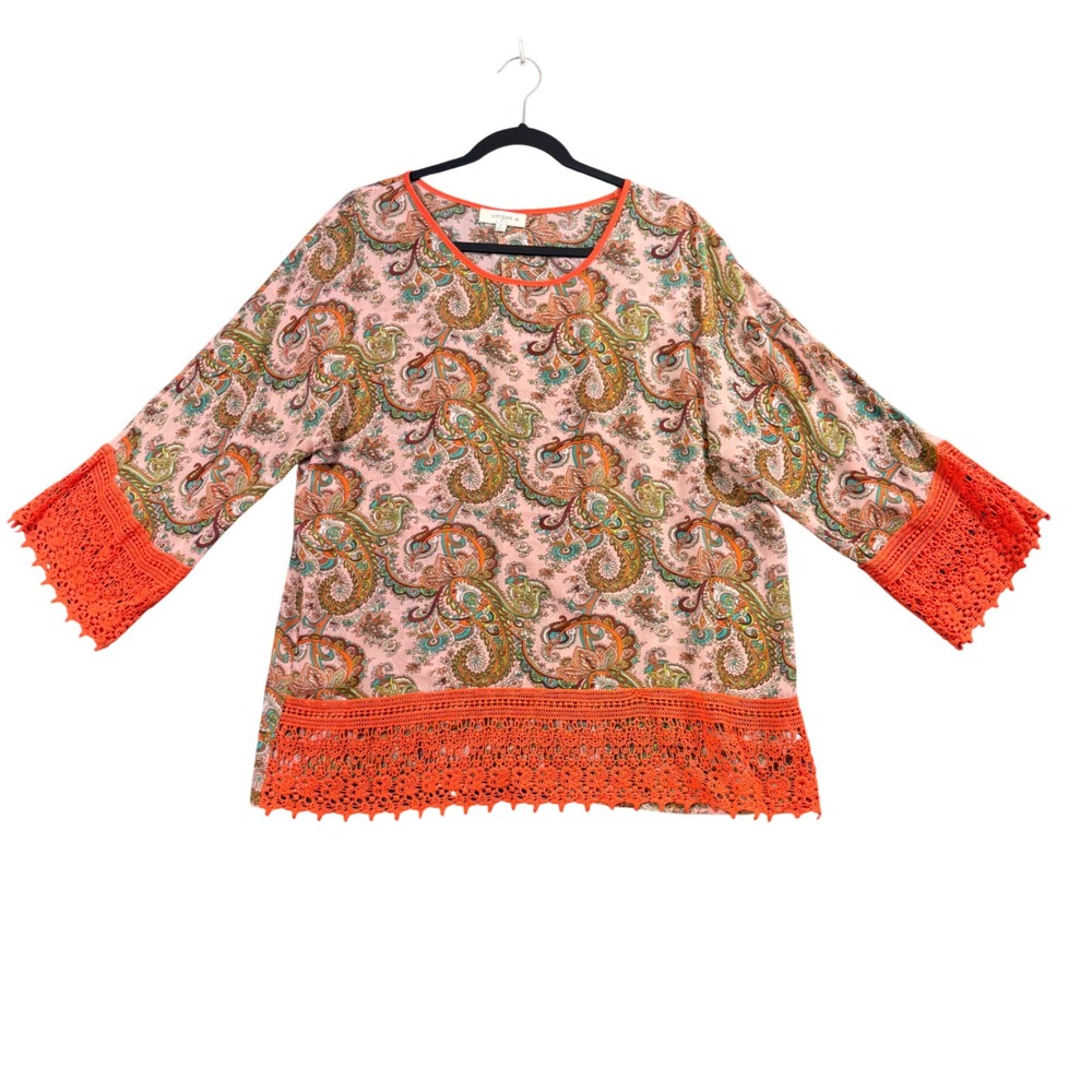 Boho Paisley Crochet Lace Top XL Orange Festival Peasant Blouse Cottagecore - Picture 7 of 8